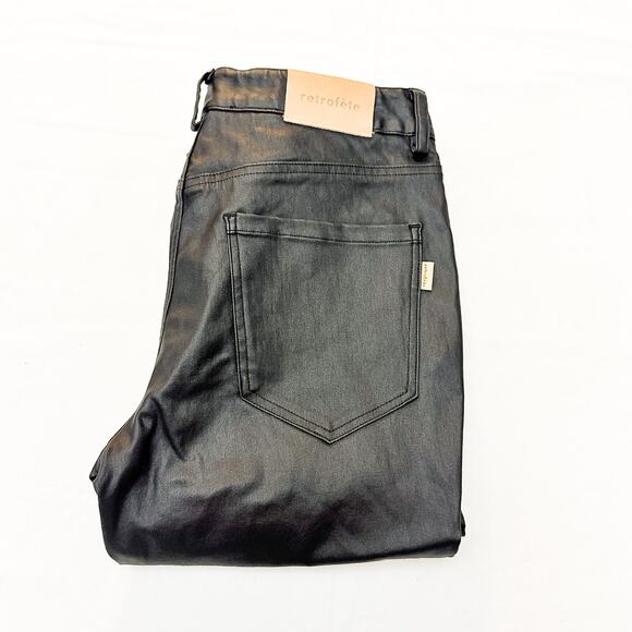 Retrofete Black Faux Leather Flare Jeans Zip Fly Size 28 - Picture 1 of 7
